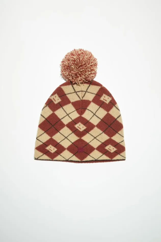 Acne Studios Argyle Jacquard Beanie Biscuit Beigedeep Red Women Hats