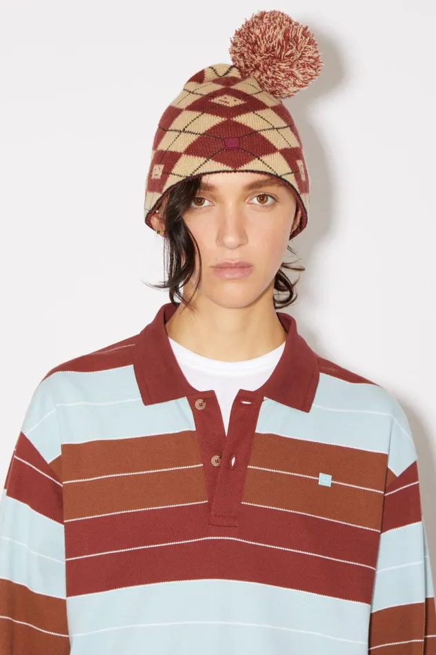 Acne Studios Argyle Jacquard Beanie Biscuit Beigedeep Red Women Hats