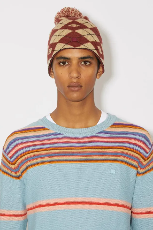 Acne Studios Argyle Jacquard Beanie Biscuit Beigedeep Red Women Hats