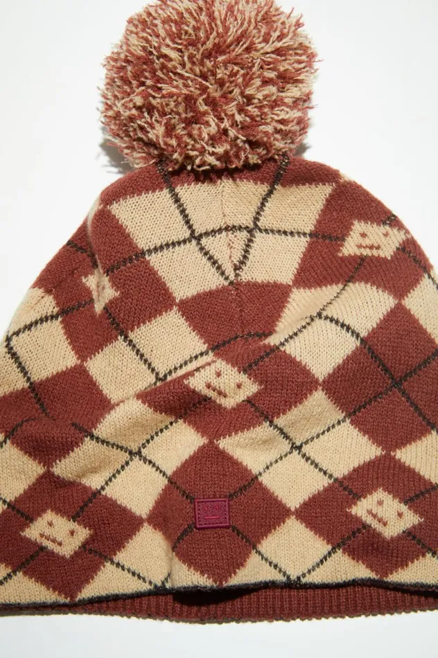 Acne Studios Argyle Jacquard Beanie Biscuit Beigedeep Red Women Hats