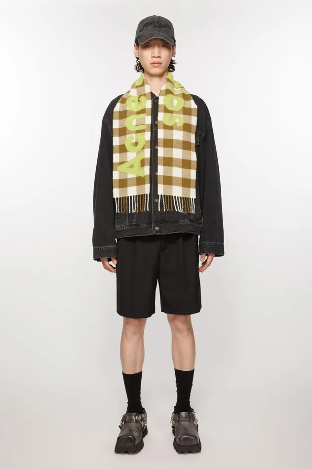 Acne Studios Check Logo Scarf 8211 Narrow Khakigreen Men Scarves
