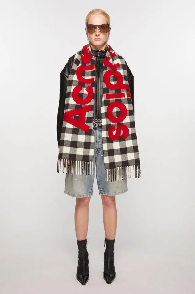 Acne Studios Check Logo Scarf Carbon Greyred Women Scarves