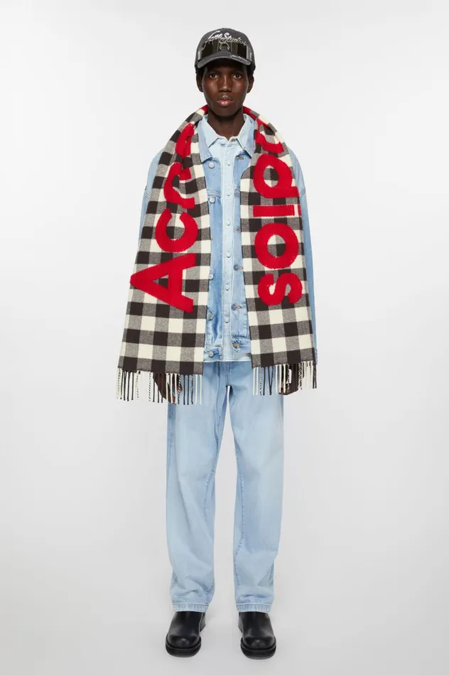 Acne Studios Check Logo Scarf Carbon Greyred Women Scarves