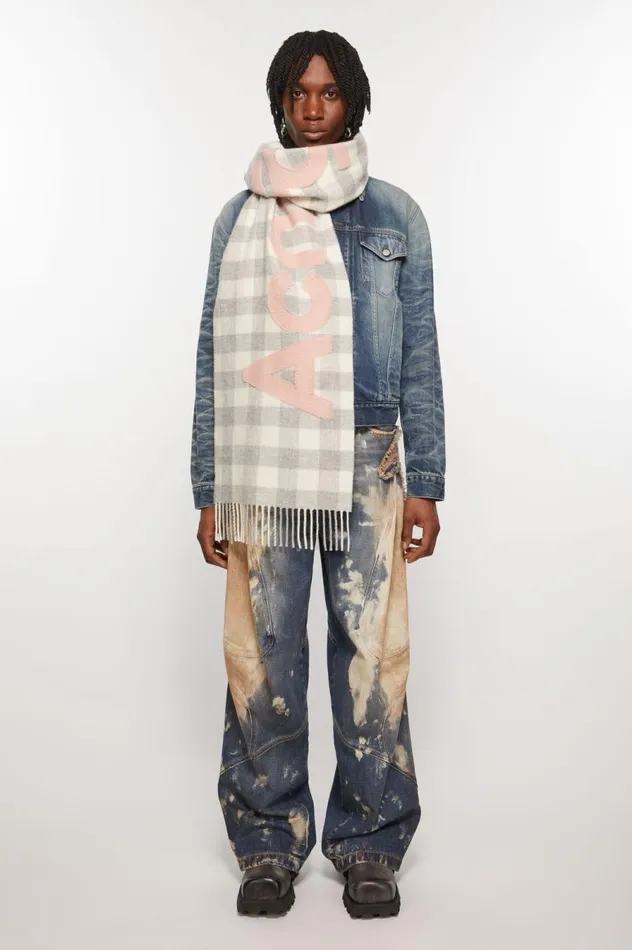 Acne Studios Check Logo Scarf Greypink Women Scarves