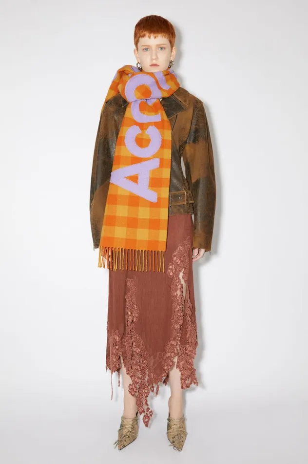 Acne Studios Check Logo Scarf Orangelilac Purple Women Scarves