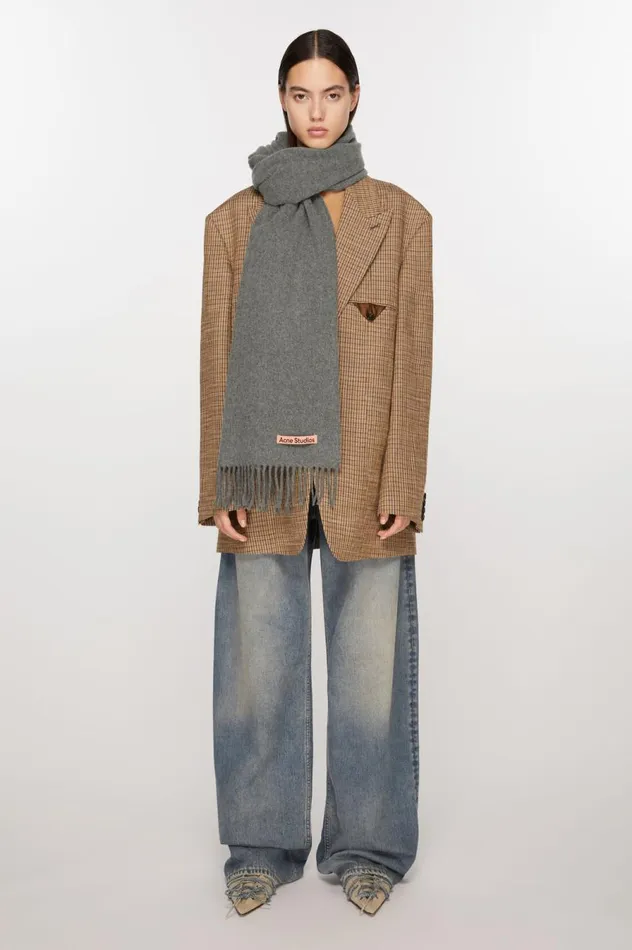 Acne Studios Fringe Wool Scarf Narrow Grey Melange Men Scarves