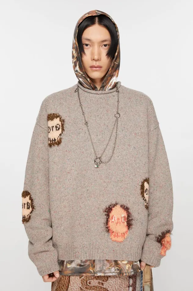 Acne Studios Jacquard Skull Jumper Grey Melangemulti Men Knitwear