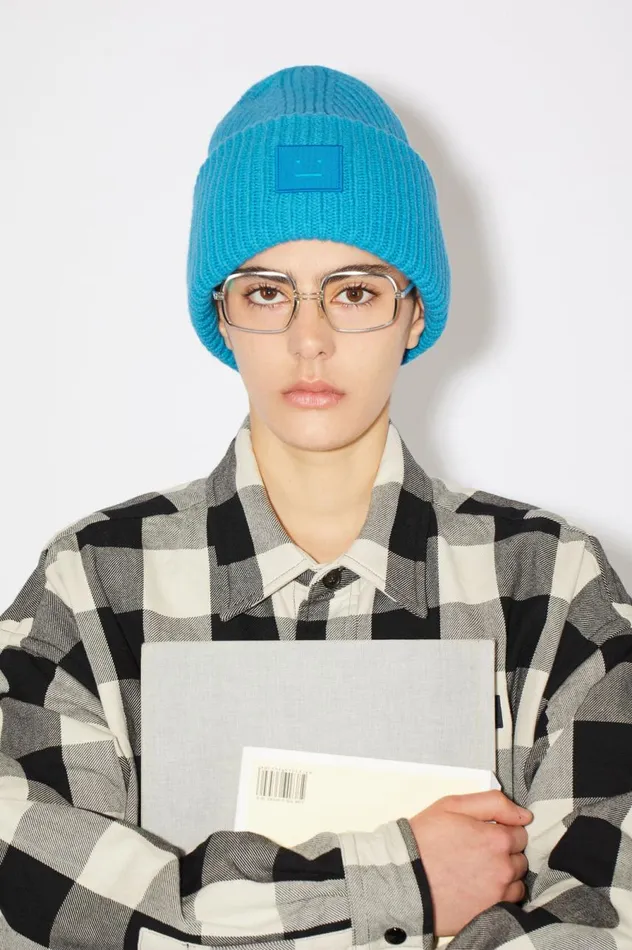 Acne Studios Large Face Logo Beanie Sapphire Blue Women Hats