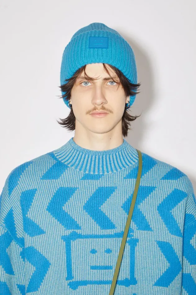 Acne Studios Large Face Logo Beanie Sapphire Blue Women Hats