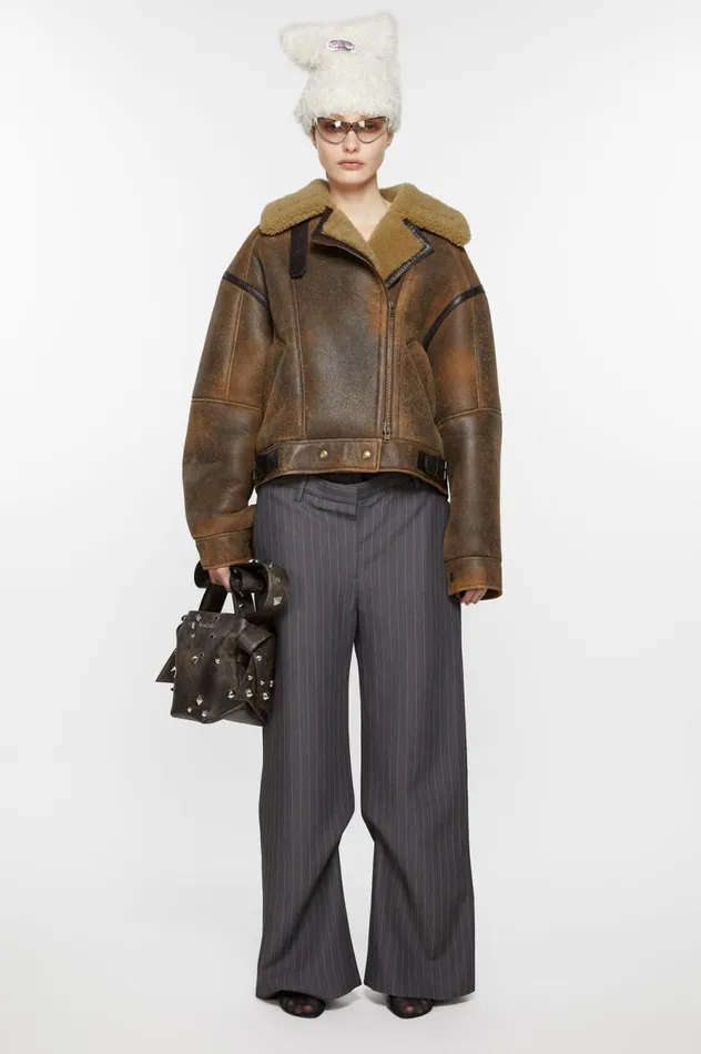 Acne Studios Leather Shearling Jacket Brown Women Outerwear