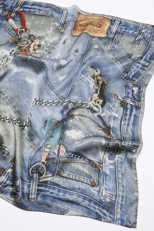 Acne Studios Printed Silk Scarf Denim Blue Women Scarves