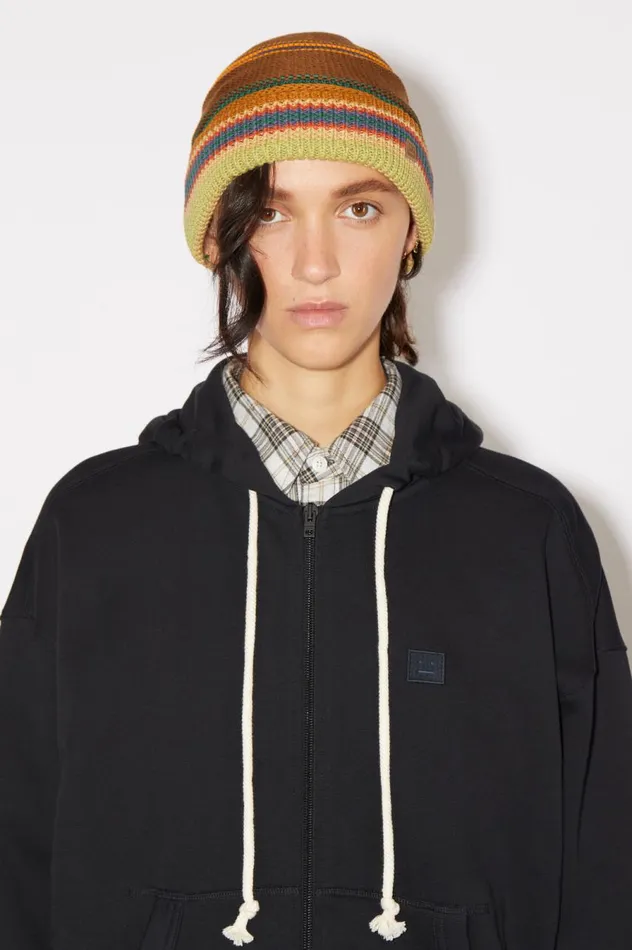 Acne Studios Stripe Knit Beanie Cinnamon Brownmulti Men Hats