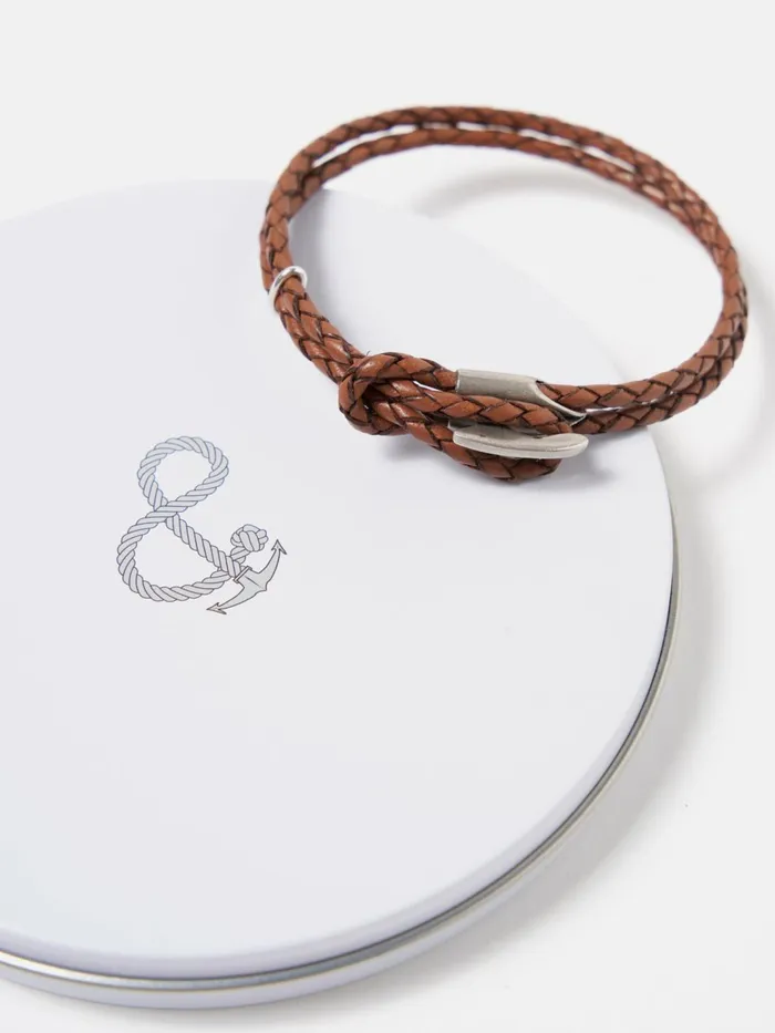 Anchor and Crew Padstow Bracelet In Light Brown 925 SilverBraided Leat Men Universal Works Jewellery