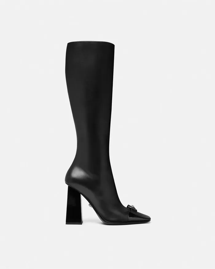 Boots Women Versace Gianni Ribbon Leather Boots 105 Mm Blacksilver