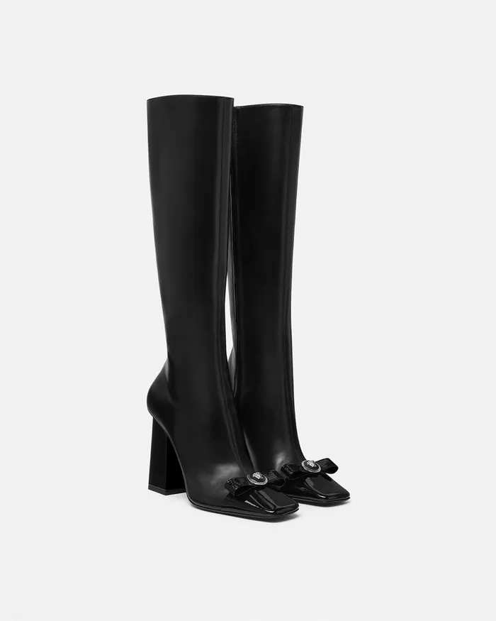 Boots Women Versace Gianni Ribbon Leather Boots 105 Mm Blacksilver