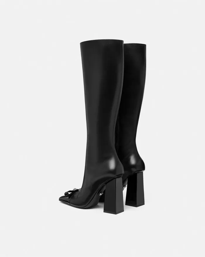 Boots Women Versace Gianni Ribbon Leather Boots 105 Mm Blacksilver