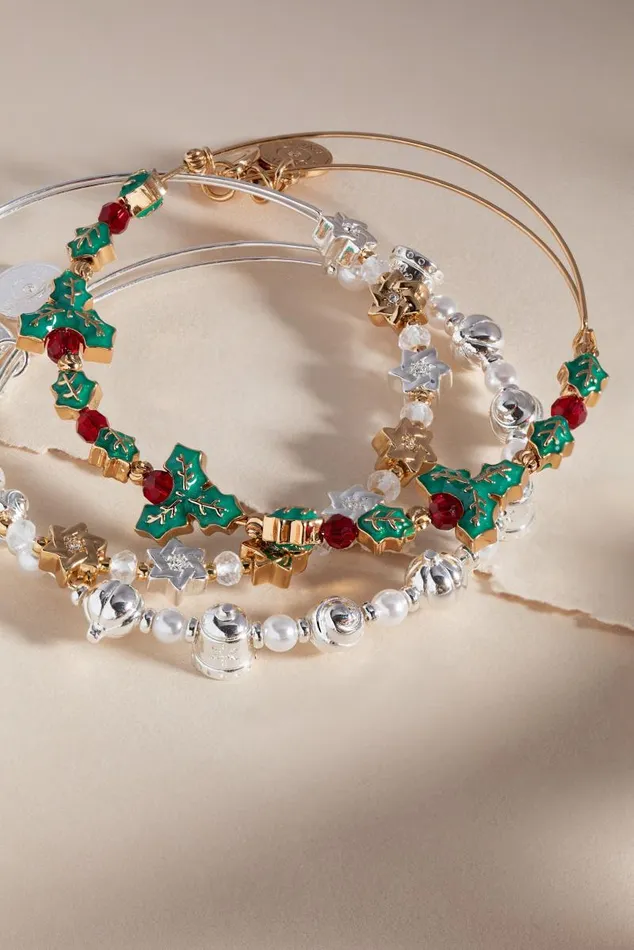 Bracelets Women Alex And Ani Holiday Holly Beaded Bangle Shiny Gold