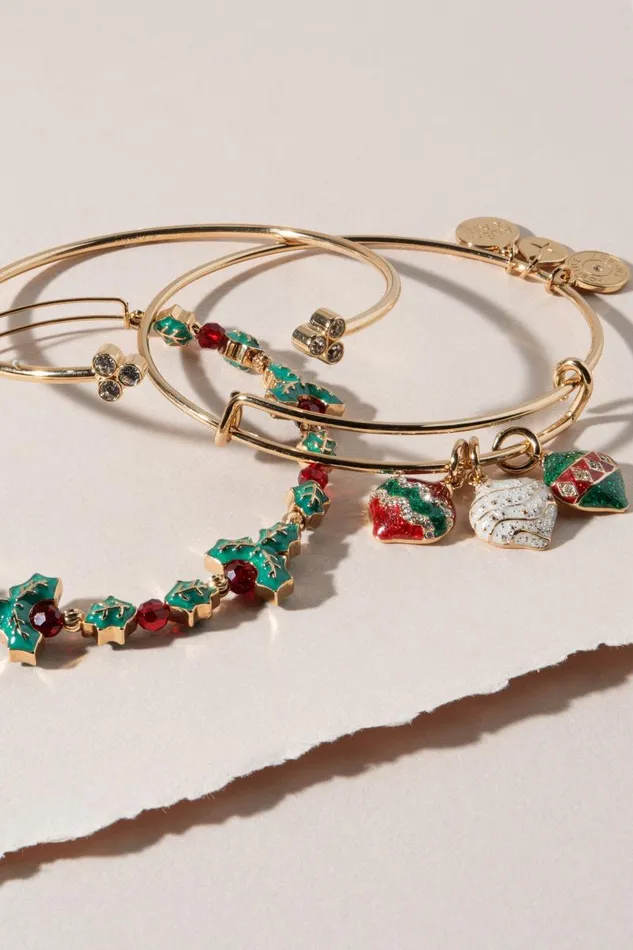 Bracelets Women Alex And Ani Holiday Holly Beaded Bangle Shiny Gold