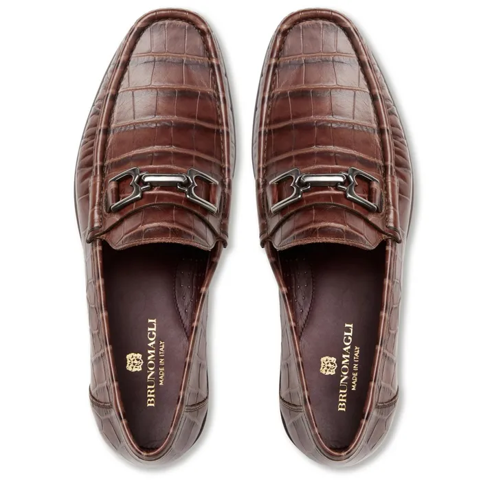 Bruno Magli Trieste Classic Moccasin Brown Croc Men Dress Shoes