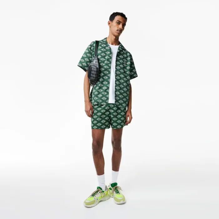Button Down Shirts Men Lacoste Mens Short Sleeve Monogram Shirt Green White Yrr