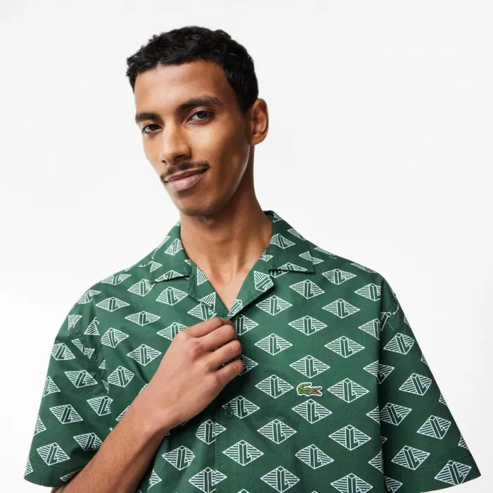 Button Down Shirts Men Lacoste Mens Short Sleeve Monogram Shirt Green White Yrr