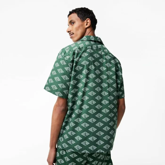 Button Down Shirts Men Lacoste Mens Short Sleeve Monogram Shirt Green White Yrr