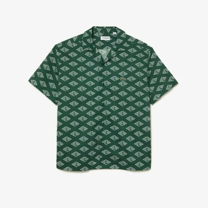 Button Down Shirts Men Lacoste Mens Short Sleeve Monogram Shirt Green White Yrr