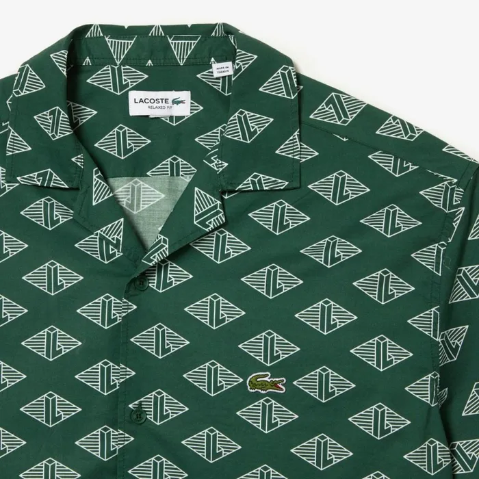 Button Down Shirts Men Lacoste Mens Short Sleeve Monogram Shirt Green White Yrr