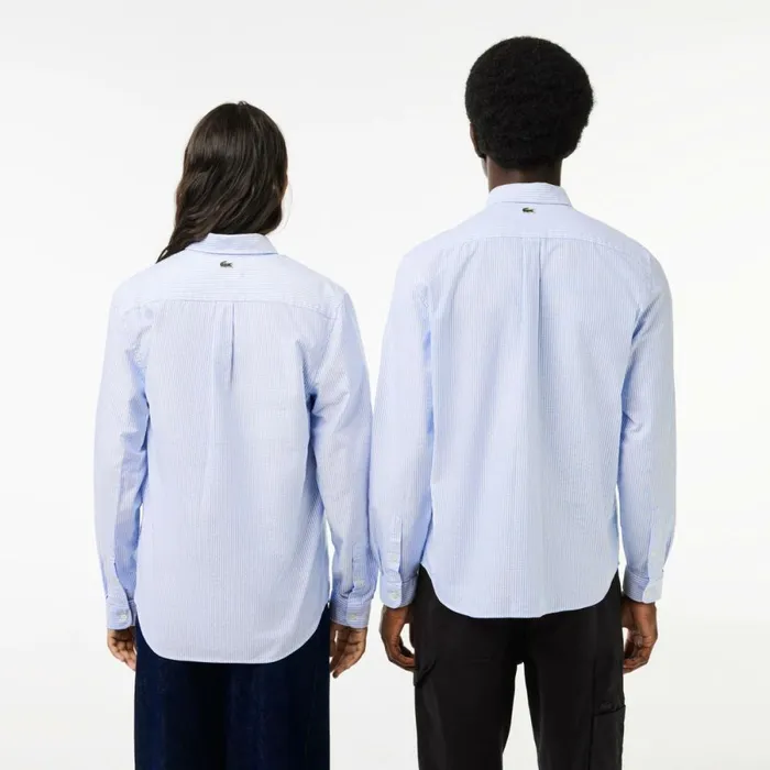 Button Down Shirts MenWomen Lacoste Unisex Croc Badge Striped Shirt White Blue F6z