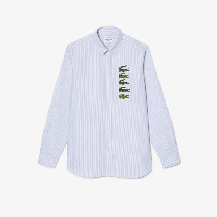 Button Down Shirts MenWomen Lacoste Unisex Croc Badge Striped Shirt White Blue F6z