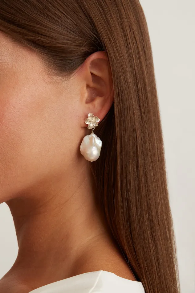 Chan Luu Earrings Silver Hibiscus Pearl Drop Earrings 8211 Women