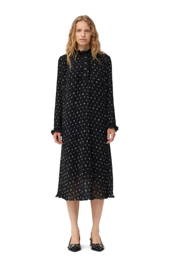 Clothing GANNI Dresses Black Pleated Georgette Midi Dress Black