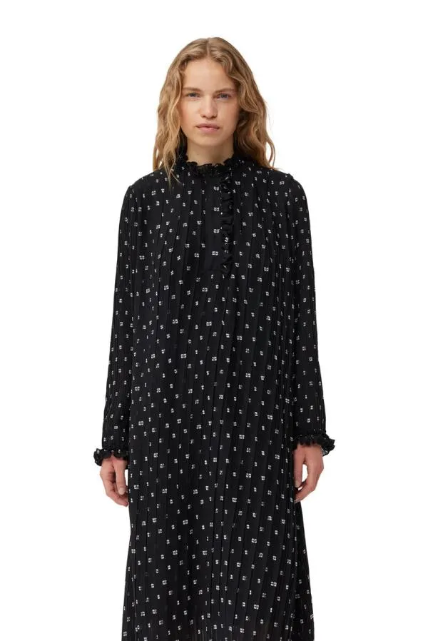 Clothing GANNI Dresses Black Pleated Georgette Midi Dress Black Clothing GANNI Dresses Black Pleated Georgette Midi Dress Black