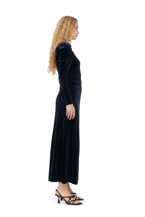 Clothing GANNI Dresses Blue Velvet Jersey Long Dress Total Eclipse Clothing GANNI Dresses Blue Velvet Jersey Long Dress Total Eclipse