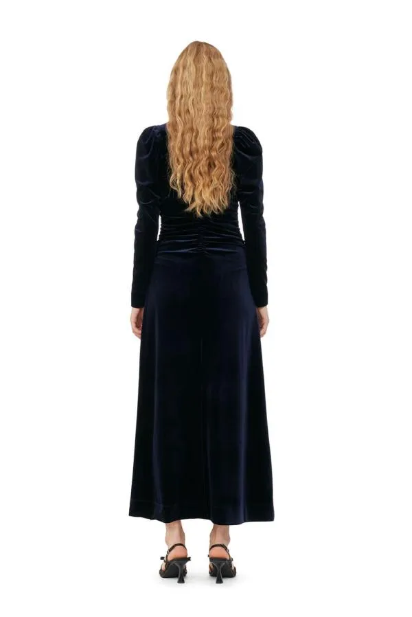 Clothing GANNI Dresses Blue Velvet Jersey Long Dress Total Eclipse Clothing GANNI Dresses Blue Velvet Jersey Long Dress Total Eclipse
