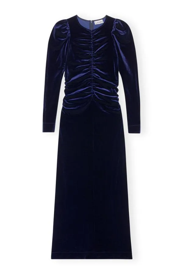 Clothing GANNI Dresses Blue Velvet Jersey Long Dress Total Eclipse Clothing GANNI Dresses Blue Velvet Jersey Long Dress Total Eclipse