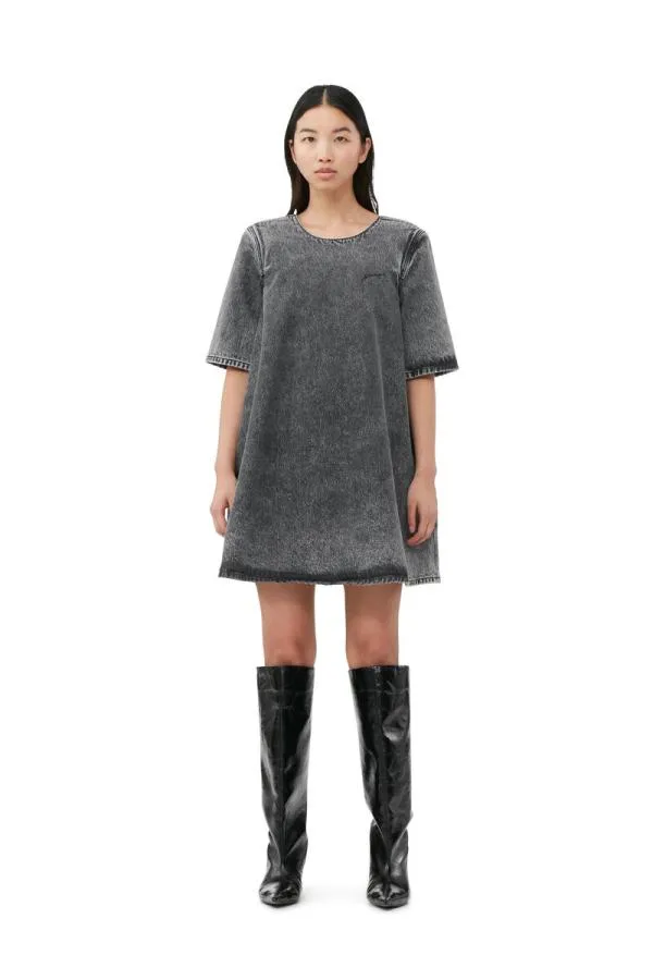 Clothing GANNI Dresses Snow Washed Denim Aline Mini Dress Black Washed