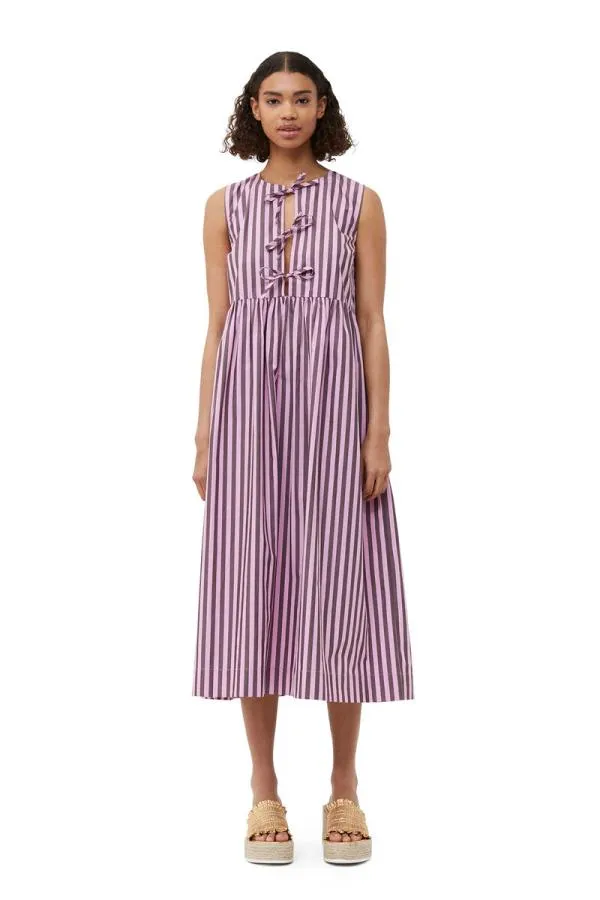 Clothing GANNI Dresses Striped Cotton Midi Dress Bonbon