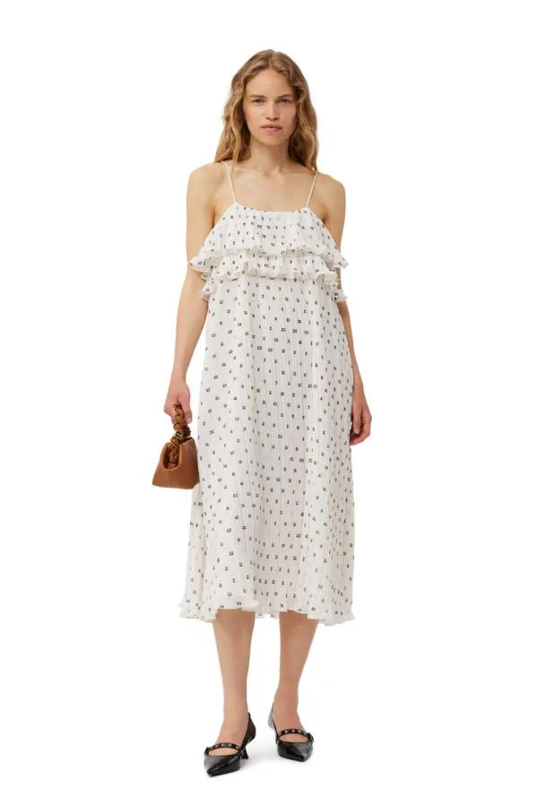 Clothing GANNI Dresses White Pleated Georgette Midi Strap Dress Egret