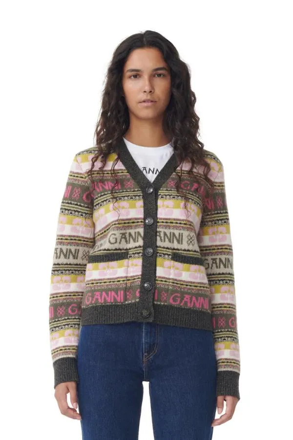 Clothing GANNI Extended Sizes Green Logo Wool Mix Cardigan Kalamata