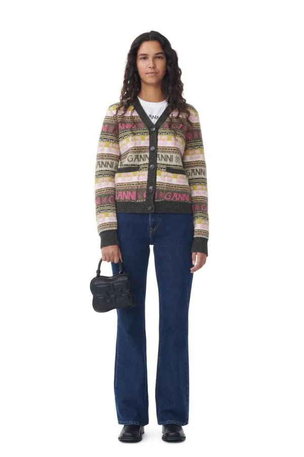Clothing GANNI Extended Sizes Green Logo Wool Mix Cardigan Kalamata Clothing GANNI Extended Sizes Green Logo Wool Mix Cardigan Kalamata