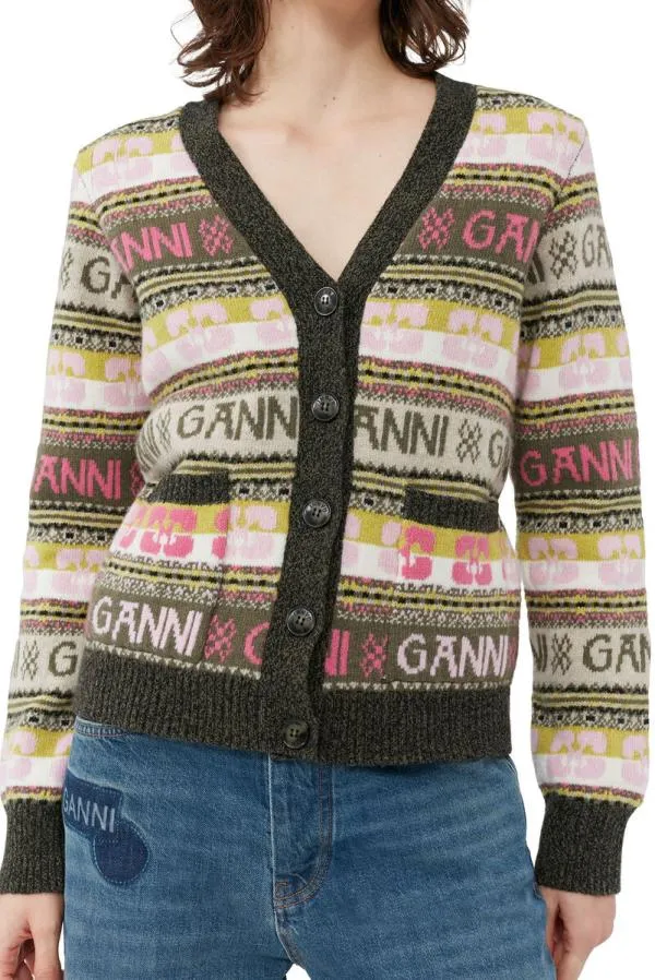 Clothing GANNI Extended Sizes Green Logo Wool Mix Cardigan Kalamata Clothing GANNI Extended Sizes Green Logo Wool Mix Cardigan Kalamata