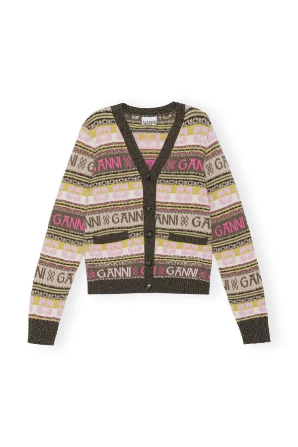 Clothing GANNI Extended Sizes Green Logo Wool Mix Cardigan Kalamata Clothing GANNI Extended Sizes Green Logo Wool Mix Cardigan Kalamata
