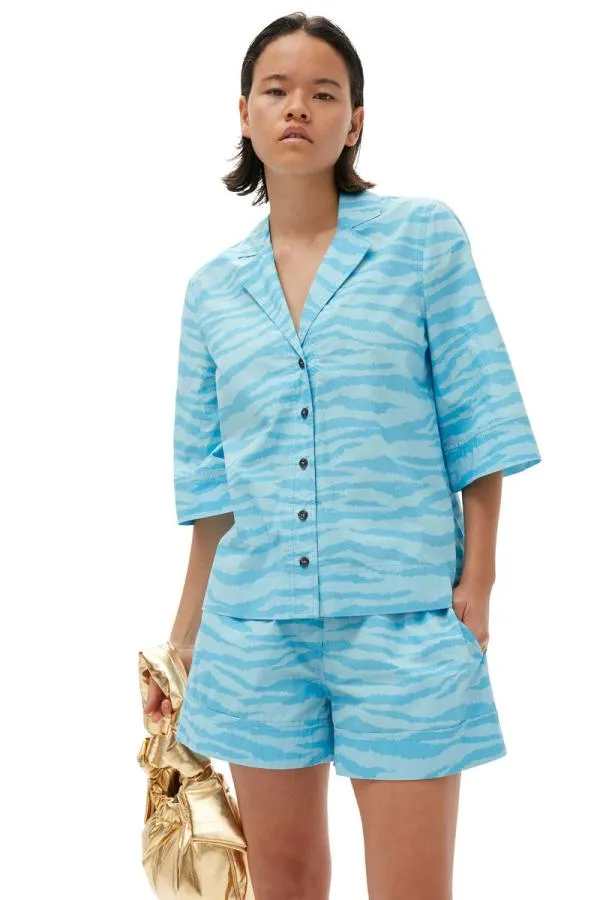 Clothing GANNI Extended Sizes Printed Cotton Shirt Ethereal Blue