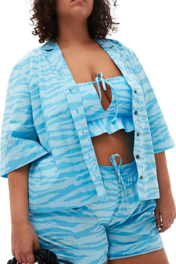 Clothing GANNI Extended Sizes Printed Cotton Shirt Ethereal Blue Clothing GANNI Extended Sizes Printed Cotton Shirt Ethereal Blue