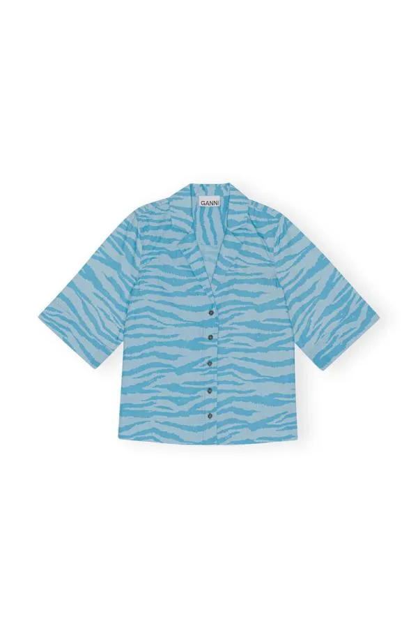 Clothing GANNI Extended Sizes Printed Cotton Shirt Ethereal Blue Clothing GANNI Extended Sizes Printed Cotton Shirt Ethereal Blue
