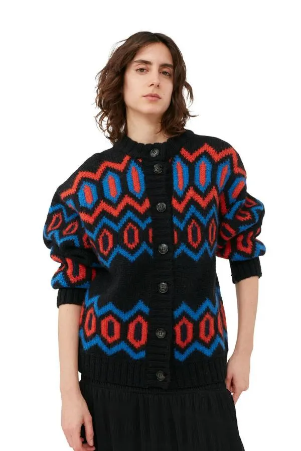 Clothing GANNI Knitwear Black Chunky Graphic Wool Cardigan Black