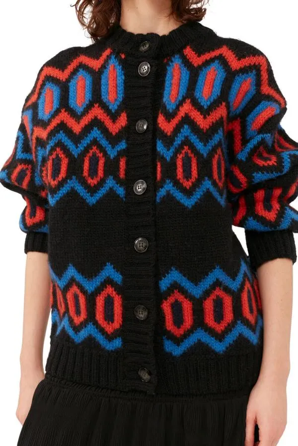 Clothing GANNI Knitwear Black Chunky Graphic Wool Cardigan Black
