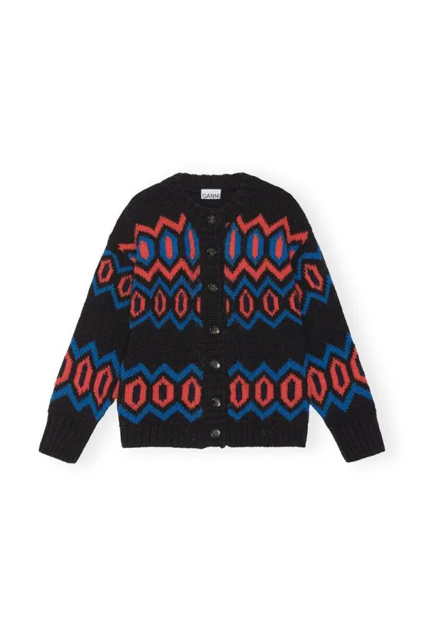 Clothing GANNI Knitwear Black Chunky Graphic Wool Cardigan Black