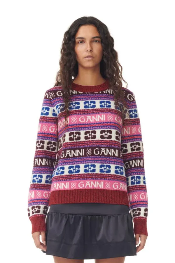 Clothing GANNI Knitwear Pink Logo Wool Mix Oneck Pullover Multicolour